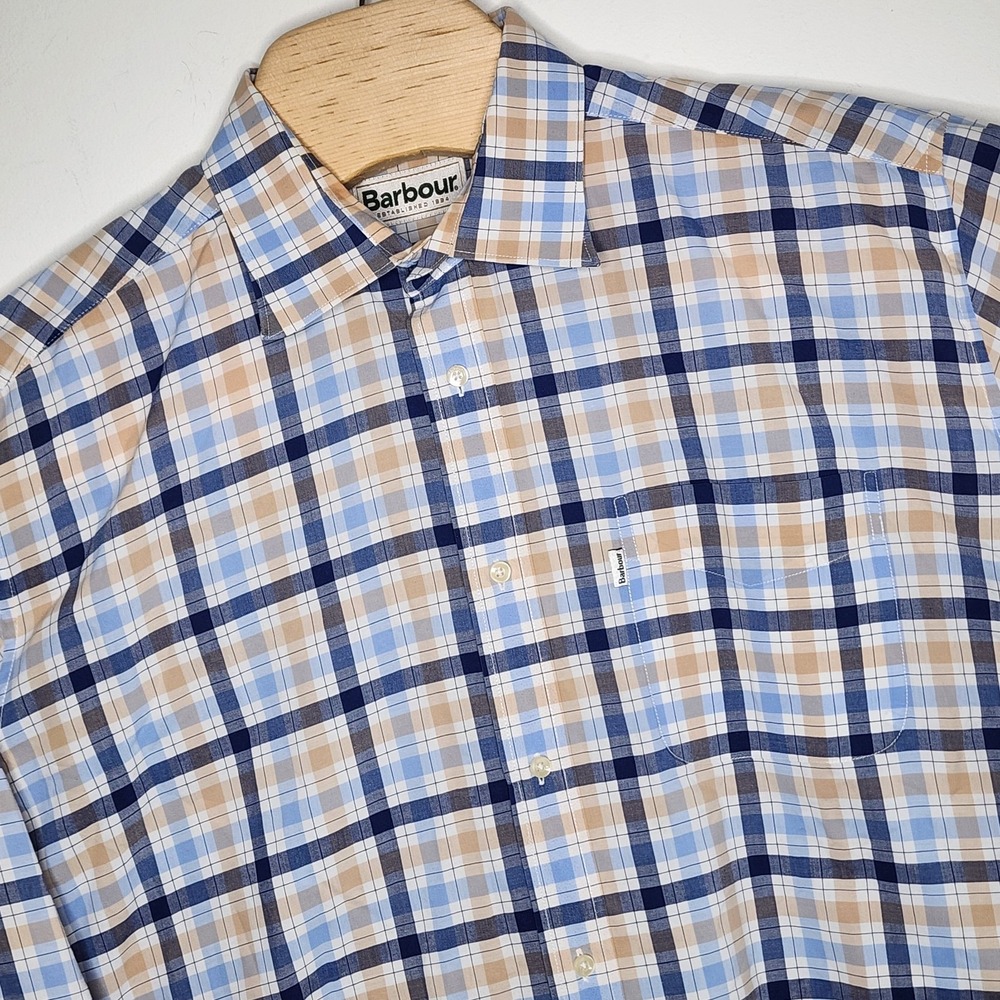 Barbour The Country Shirt Blue Beige Tan Plaid Short Sleeve Button Down Mens L